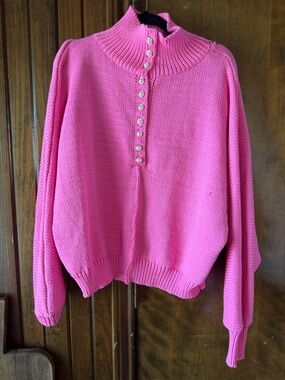 POL Pink Button-Front Mock Neck Sweater
